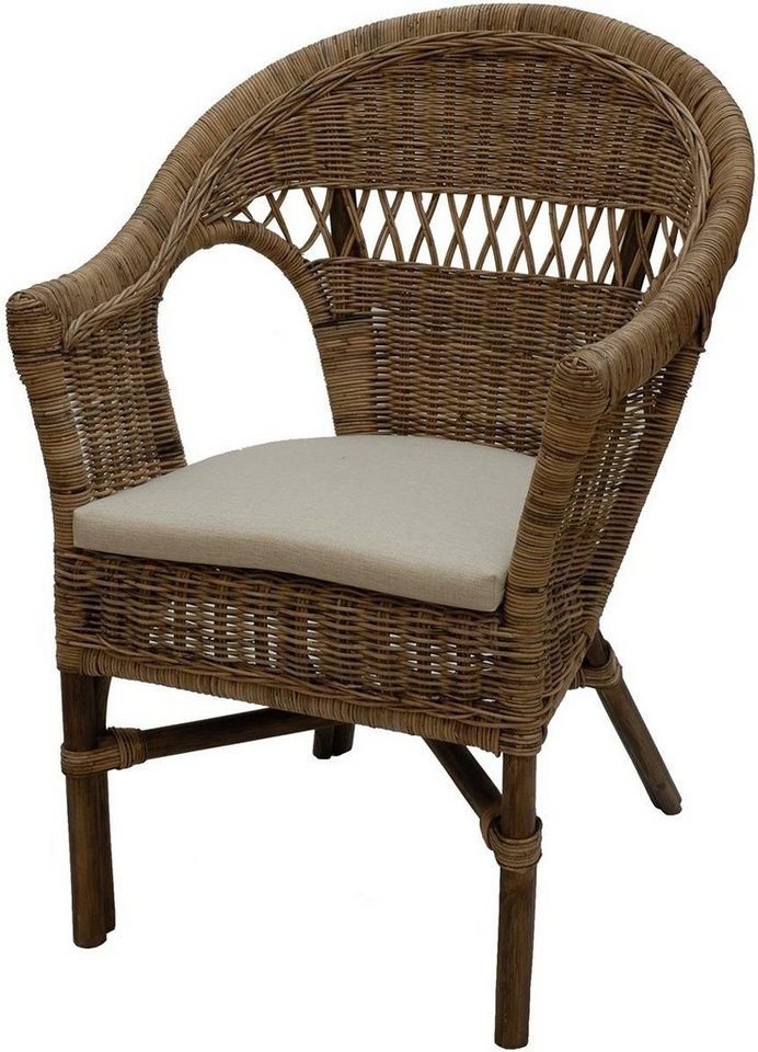 Krines Home Esszimmersessel Stapelbarer Rattansessel Wohnzimmer im Landhaus Stil Korbsessel Kissen, Flechtsessel echtes Rattan Sessel von Krines Home