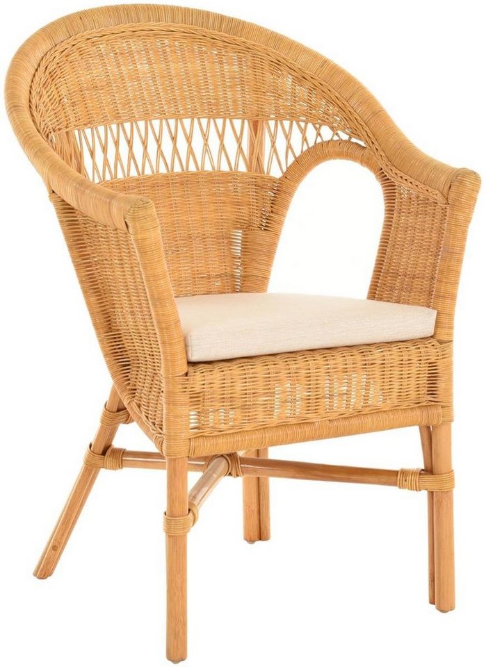 Krines Home Esszimmersessel Stapelbarer Rattansessel Wohnzimmer im Landhaus Stil Korbsessel Kissen, Flechtsessel echtes Rattan Sessel von Krines Home