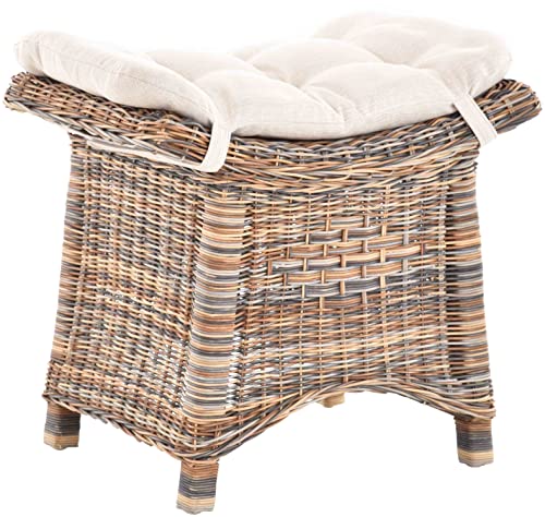 Krines Home Fußhocker mit geschwungener Ablage, Stabiler Sitzhocker/Schemel/Hocker aus echtem Rattan mit Kissen (Mehrfarbig) von Krines Home