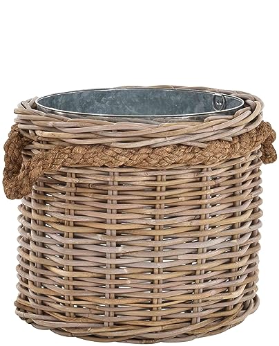 Krines Home Großer Pflanzkorb rund aus grauem Natur Rattan Ø45cm mit Zink-Einsatz und Seilrand/geflochtener Übertopf aus Rattan/Größe XL auch als Holzkorb einsetzbar DE von Krines Home