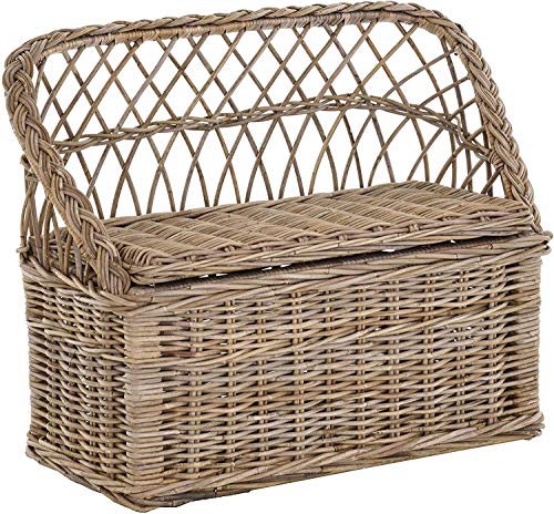 Krines Home Kinderbank Kindertruhe aus echtem Rattan 2er Bänkchen Sitzbank für Kinder mit Staufach 2-Sitzer Bank (Natur Grau) von Krines Home