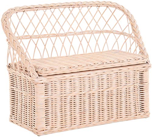 Krines Home Kinderbank Kindertruhe aus echtem Rattan 2er Bänkchen Sitzbank für Kinder mit Staufach 2-Sitzer Bank (Vintage Weiss) von Krines Home