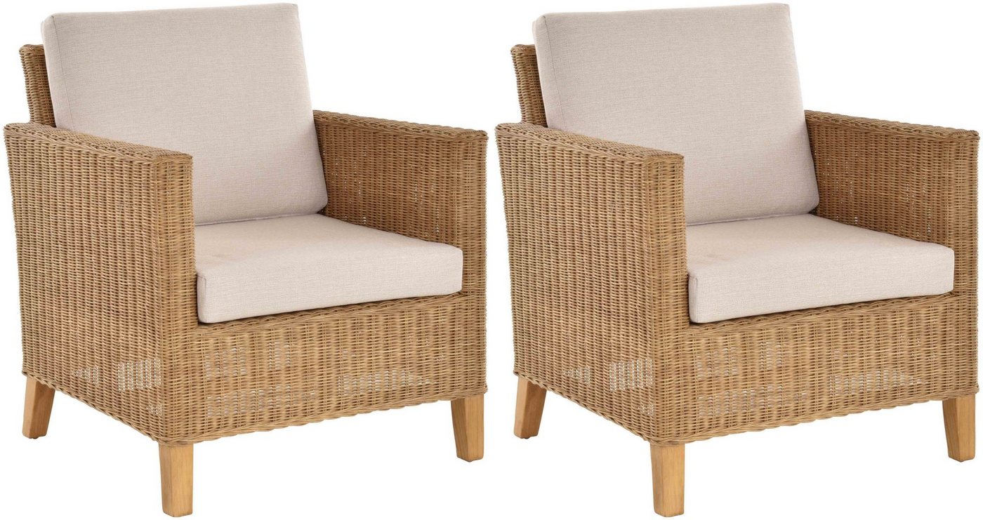 Krines Home Loungesessel 2er Set Rattansessel breit Wohnzimmer Lounge inkl. Polster Beige (2-St), Sessel aus echtem Rattan von Krines Home