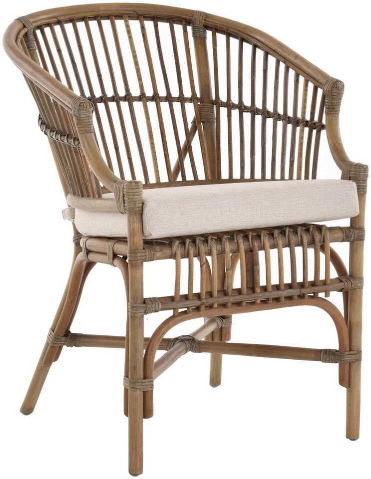 Krines Home Loungesessel Gestäbter Rattansessel aus Natur-Rattan Rattanstuhl mit Polster, mit Armlehnen von Krines Home