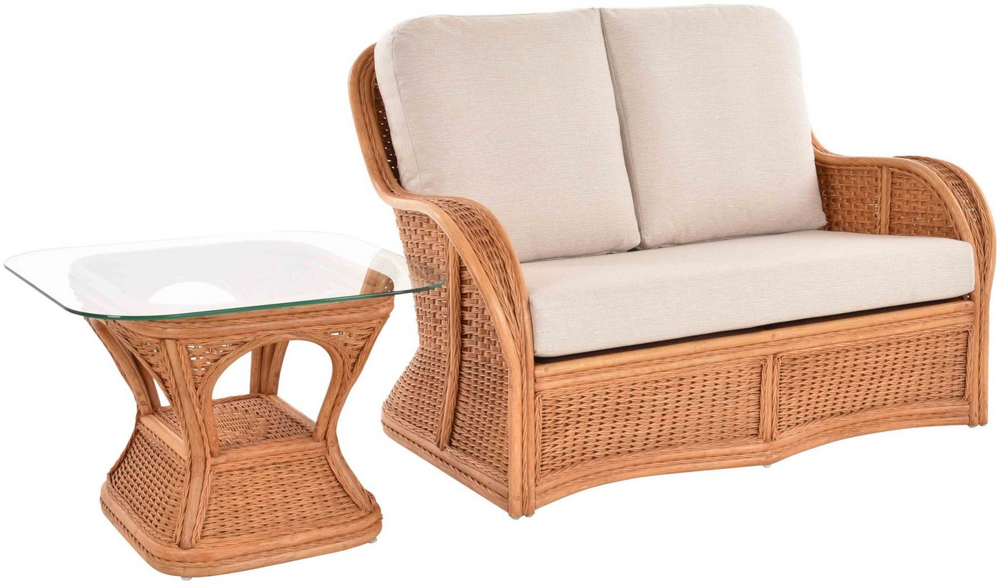 Krines Home Loungesofa Exklusives Rattan Wohnzimmersofa Carlo mit Beistelltisch Rattansofa, 2 Teile, Zweisitzer, mit breiten Armlehnen, Rattanmöbel von Krines Home