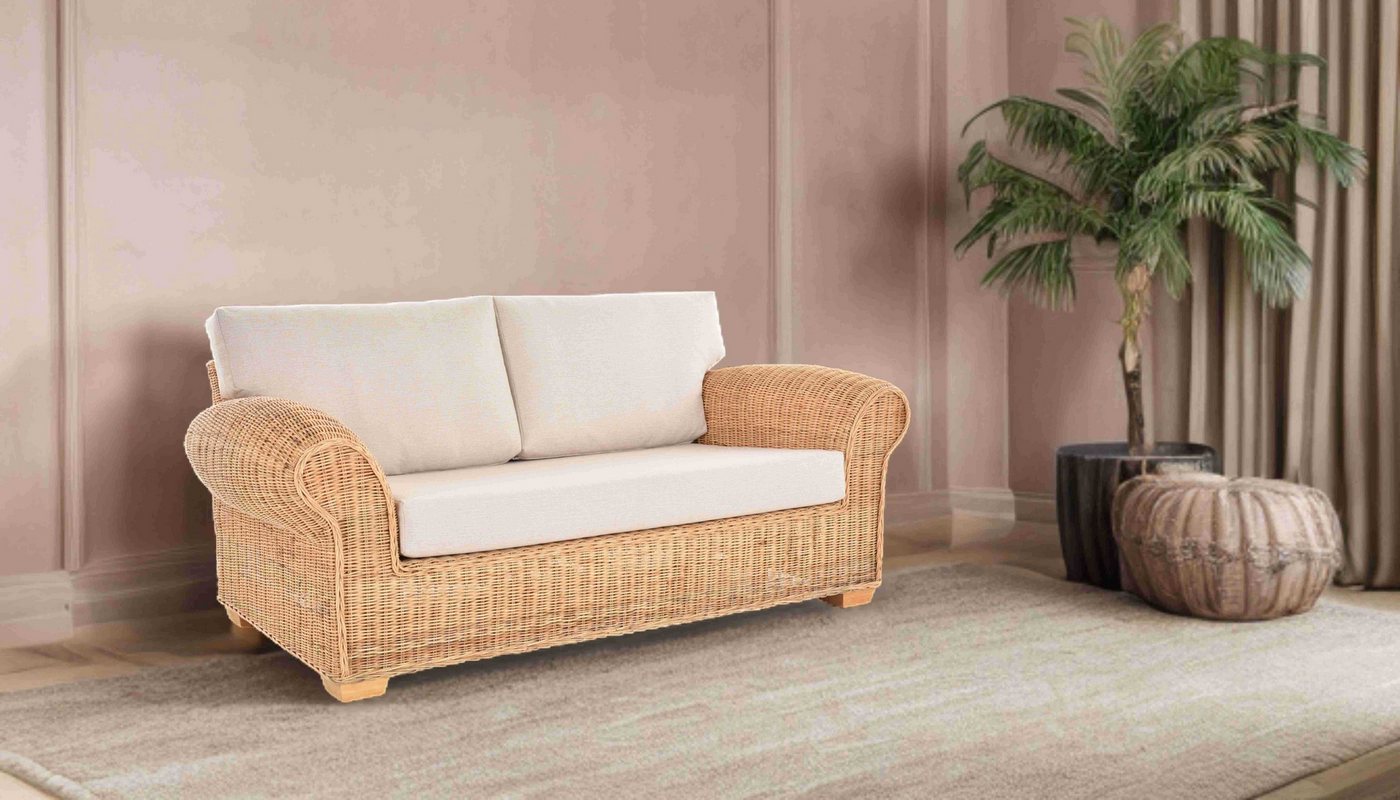 Krines Home Loungesofa Rattansofa Chester Lounge Wohnzimmer Liegesofa mit Polster 2-Sitzer, Natur, Rattan, Sofa, Rattanmöbel, Couch, Rundmaterial von Krines Home