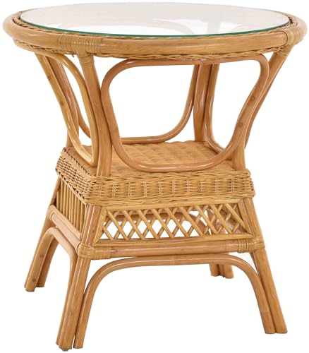 Krines Home Rattan Tisch Beistelltisch Landhaus Rattantisch mit Glasplatte Wohnzimmer Kaffetisch (Honig, Ø65cm) von Krines Home