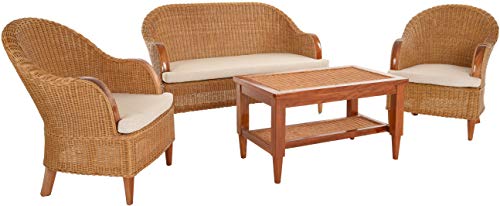 Krines Home Rattangruppe Club Stil Lounge und Empfangsbereich Rattan Garnitur Sitzgruppe Rattanset Rattangruppe Rattanmöbel Set (Honig mit Tisch) von Krines Home