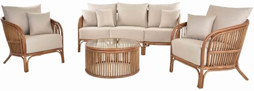 Krines Home Rattangruppe Finoo, 4-teiliges Gartenmöbel Set, Rattan Sitzgruppe mit 3-Sitzer Sofa, 2 Sesseln und Glastisch, Beige (Hellbraun, für 5 Personen) von Krines Home