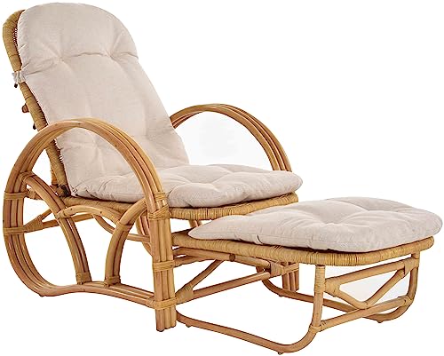 Krines Home Rattanliege Liegesessel klappbar mit Hocker Relax Liegestuhl mit Armlehne Liege Auflage (Honig) von Krines Home