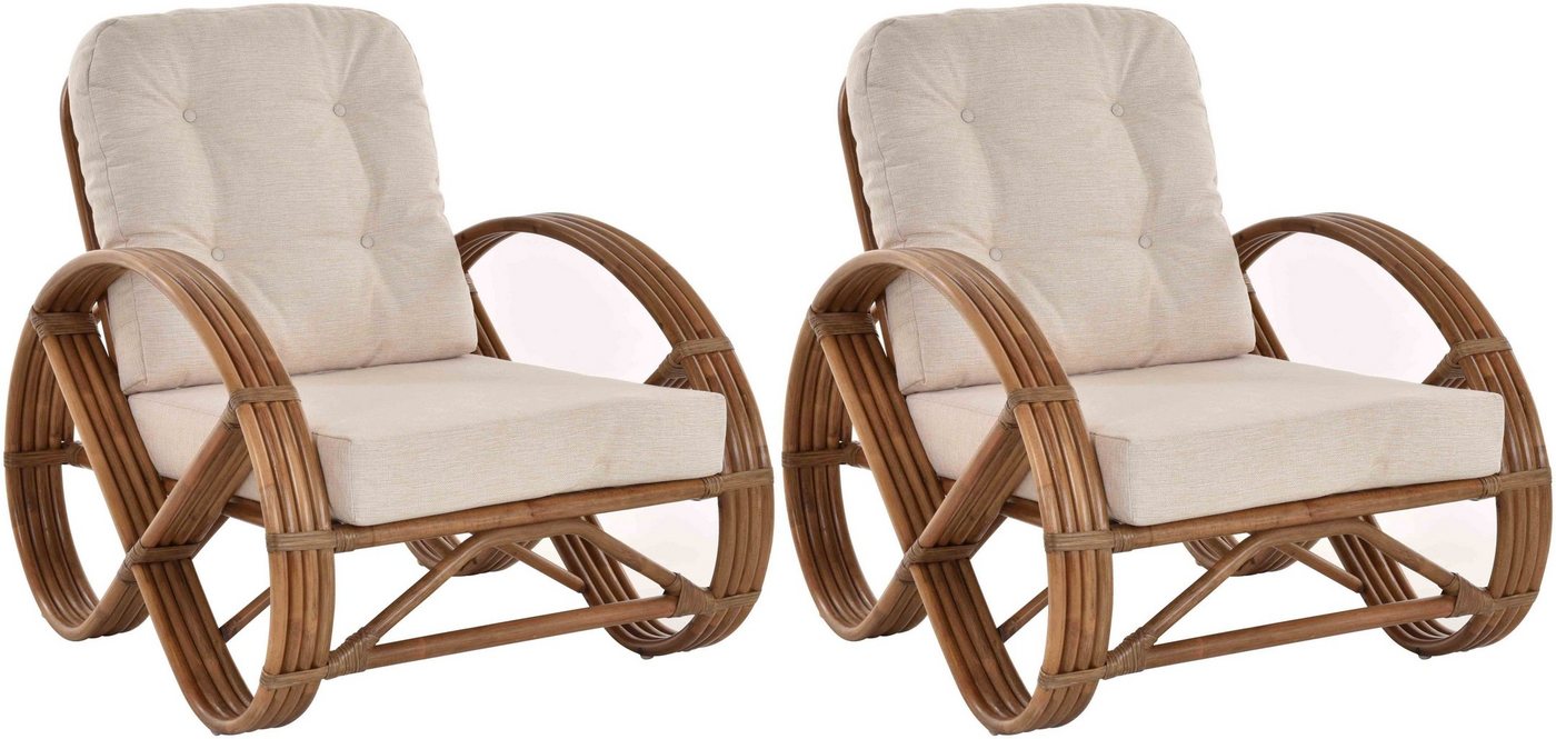 Krines Home Relaxsessel 2er Set Wintergarten Sessel Natur Rattan gestäbt Wohnzimmer Polster von Krines Home