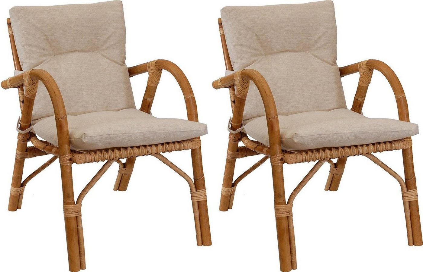 Krines Home Sessel Set/2 Rattansessel aus Rattan mediterraner Stil (Gestäbt mit Polster), Relax Naturrohr Korbstuhl mit Armlehnen von Krines Home