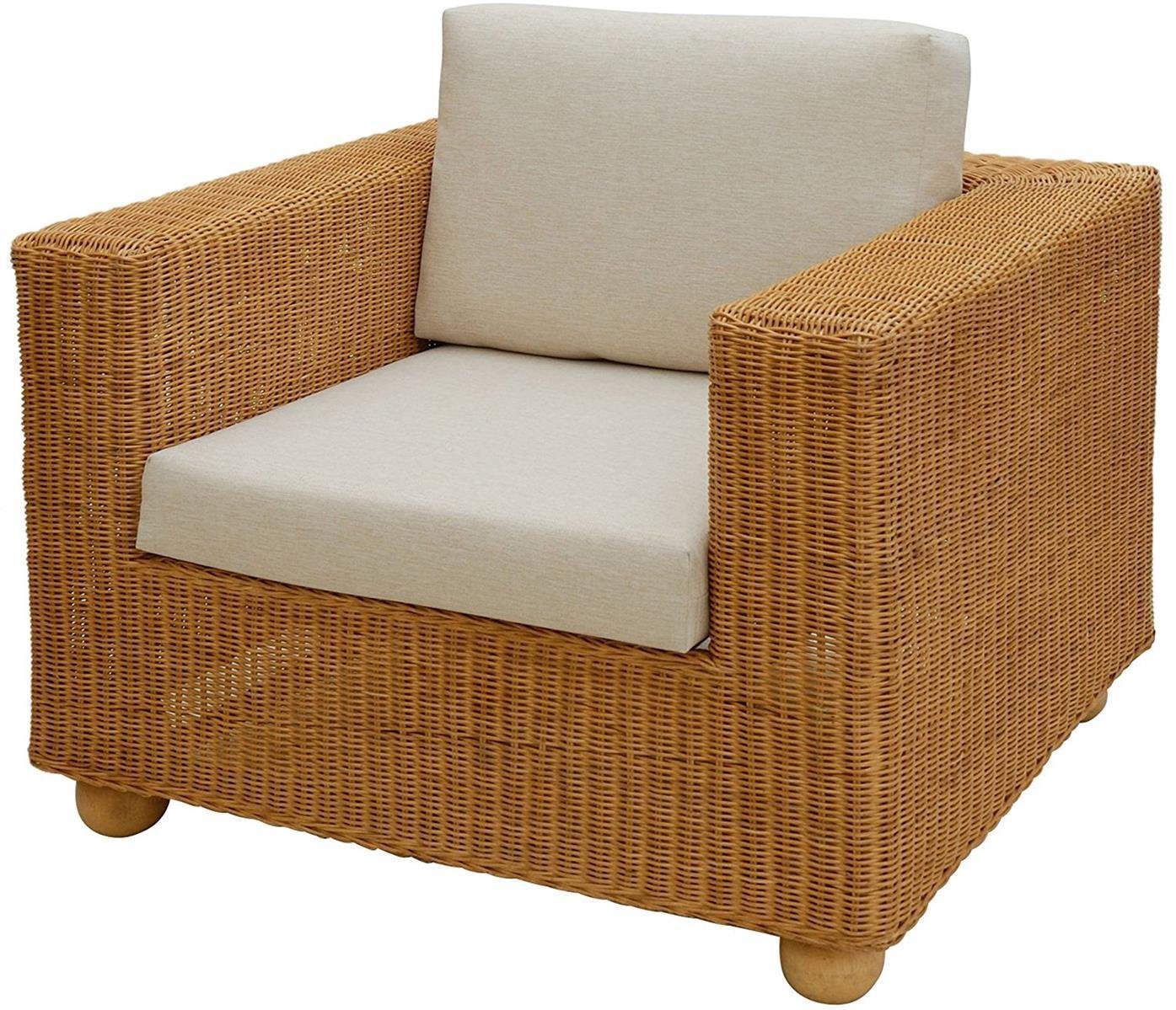 Krines Home Sessel Breiter Rattan-Sessel Lounge mit Sitz- und Rückenpolster Beige (Honig), Wohnzimmersessel aus echtem Rattan von Krines Home