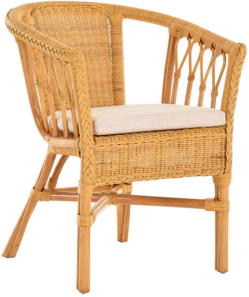 Krines Home Sessel Stapelbarer Rattansessel Bistro Sessel Rattanstuhl Rattan Stuhl mit Armlehnen Flechtsessel (Sessel nach Auswahl ohne oder mit Polster), in Handarbeit geflochten von Krines Home