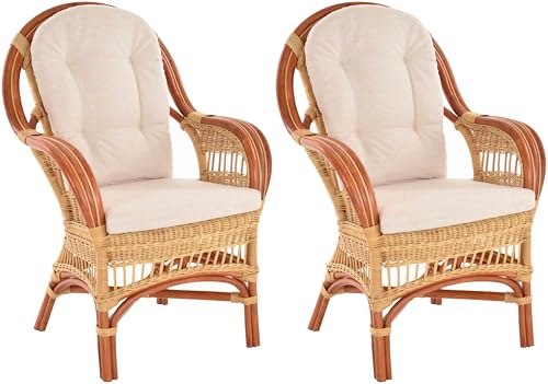 Krines Home Set/2 Breite Rattan Wintergartensessel Finco Wintergarten Rattansessel hohe Rückenlehne mit Armlehne (Honig-Rotbraun) von Krines Home