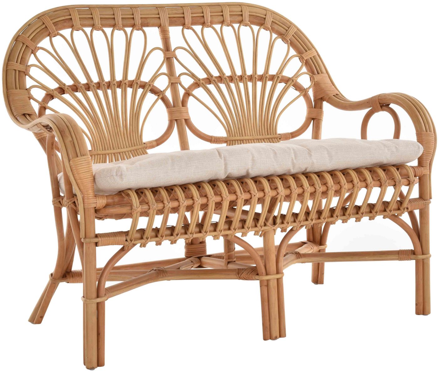 Krines Home Sitzbank Retro Rattanbank 50er / 60er Jahre-Stil Wintergarten 2er Küchenbank, Zweisitzer Natur Rattan Bank Sofa Wintergartenbank inkl. Sitzpolster von Krines Home