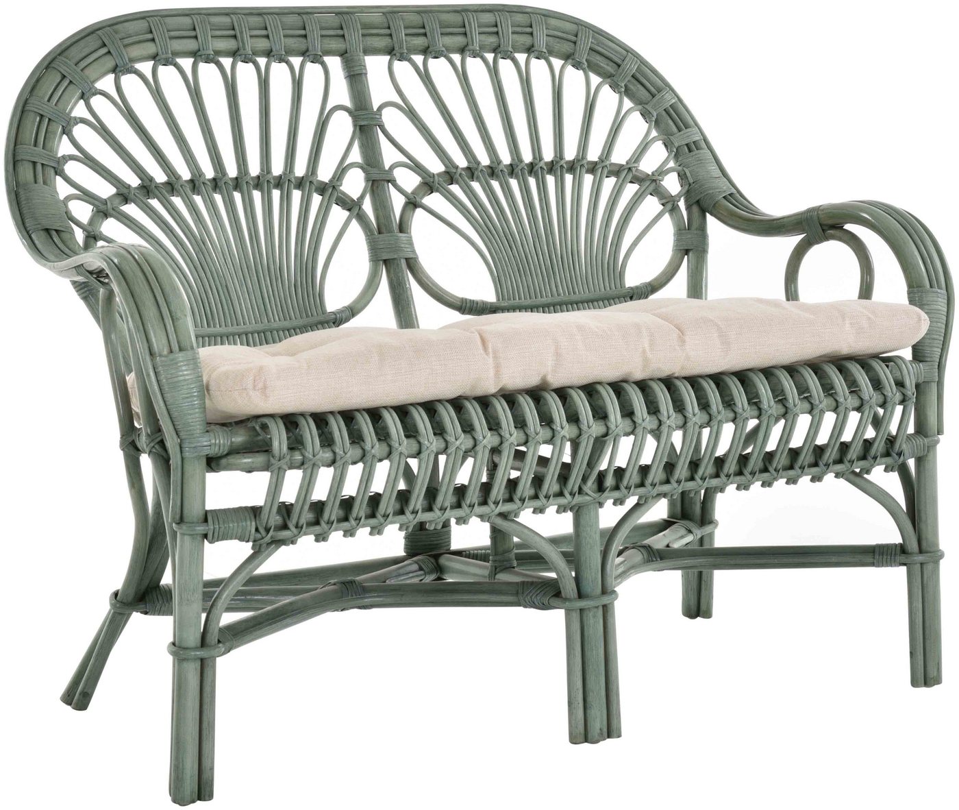 Krines Home Sitzbank Retro Rattanbank 50er / 60er Jahre-Stil Wintergarten 2er Küchenbank, Zweisitzer Natur Rattan Bank Sofa Wintergartenbank inkl. Sitzpolster von Krines Home