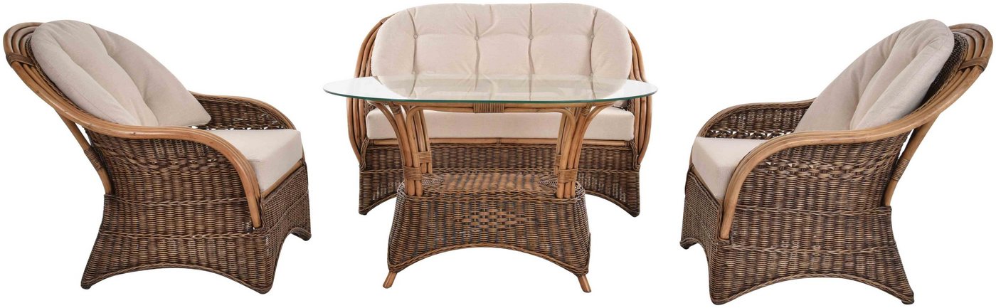 Krines Home Sitzgruppe Bequeme Wintergarten Rattanset Wohnzimmer (4-teilig Vintage Braun), (4-tlg., Tisch 2x Sessel 1x Sofa), Set Rattan Garnitur Sitzgruppe Rattanmöbel Rattangruppe von Krines Home