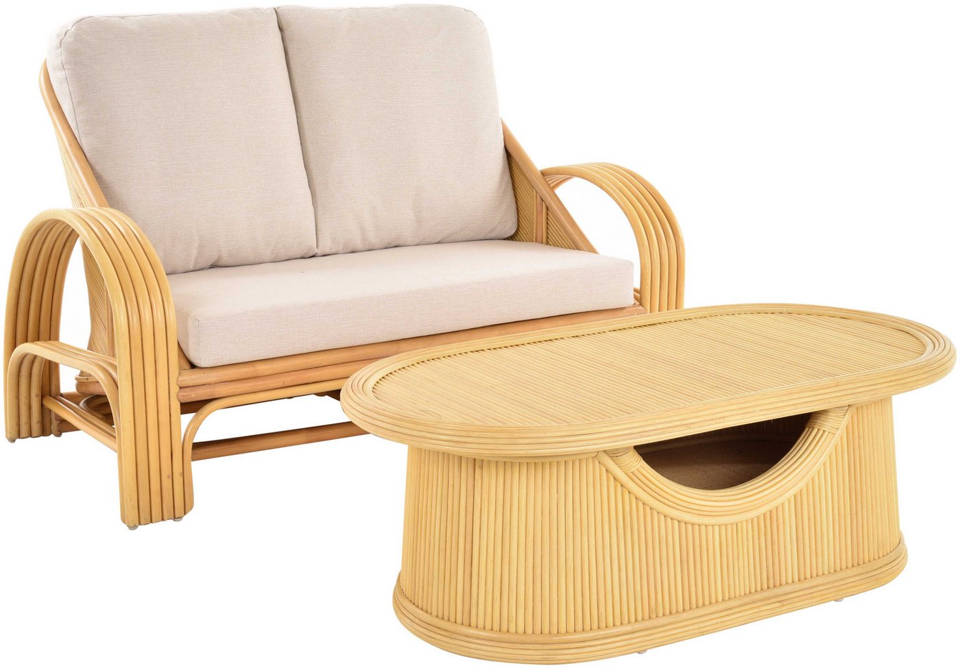 Krines Home Sitzgruppe Loungesofa Déco aus echtem Rattan Wohnzimmer Sofa für 2 Personen Tisch, (2-tlg), Rattanmöbel Zweisitzer mit Tisch von Krines Home