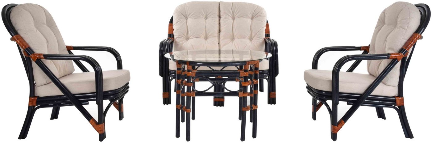 Krines Home Sitzgruppe Rattan Gruppe NIAM Wintergarten Wohnzimmer Rattanmöbel Set 4-teilig, (4-tlg., 2x Sessel, 1x Zweisitzersofa, 1x Tisch), Rattangruppe Rattanset von Krines Home