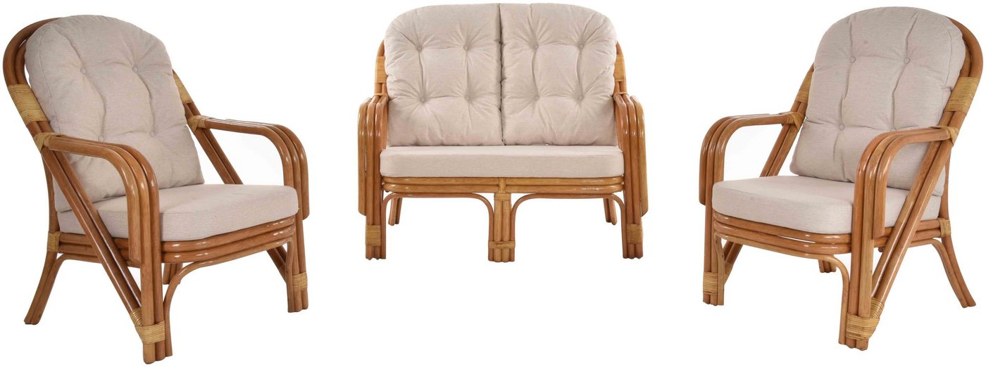 Krines Home Sitzgruppe Rattan Gruppe NIAM Wintergarten Wohnzimmer Rattanset 3-teilig, (3-tlg., 1x Zweisitzersofa, 2x Sessel), Set Rattangruppe Rattanmöbel von Krines Home