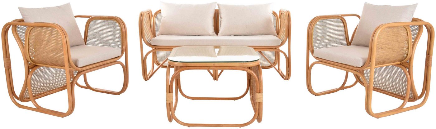 Krines Home Sitzgruppe Rattan Loungegruppe Wiener Geflecht 50er Jahre Garnitur für 4 Personen, (4-tlg., 2x Sessel, 1x Zweisitzersofa, 1x Tisch), Garnitur, Tisch mit Glasplatte von Krines Home