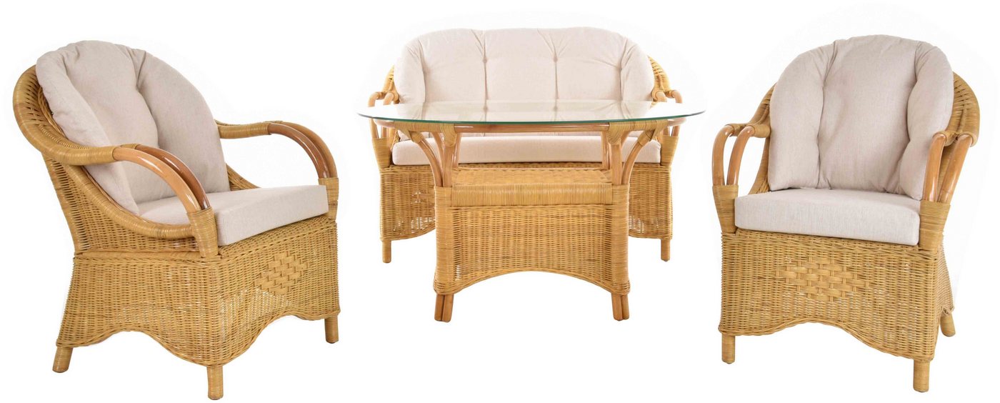 Krines Home Sitzgruppe Rattan Wintergartenset Henry Rattanset Wintergarten Garnitur 4-teilig, (4-tlg., 2x Sessel, 1x Zweisitzersofa, 1x Tisch mit Glasplatte), Rattanmöbel, Sitzgruppe, Tisch mit Ablage unter der Glasplatte von Krines Home