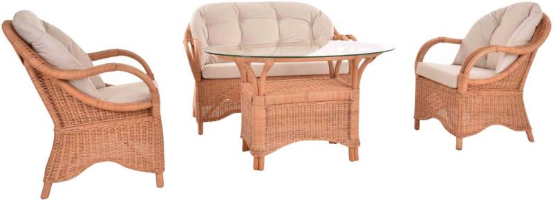 Krines Home Sitzgruppe Rattan Wintergartenset Henry Rattanset Wintergarten Garnitur 4-teilig, (4-tlg., 2x Sessel, 1x Zweisitzersofa, 1x Tisch mit Glasplatte), Rattanmöbel, Sitzgruppe, Tisch mit Ablage unter der Glasplatte von Krines Home