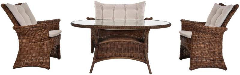 Krines Home Sitzgruppe Set/4 Elegante Rattan Sitzgarnitur Rattanset 4 Personen (Braun Natur), (4-tlg., 2x Sessel, 1x Zweisitzer, 1x Tisch), Wintergartenset, Ablage unter der Tisch-Glasplatte von Krines Home