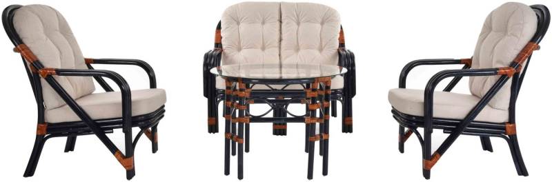 Krines Home Sitzgruppe Set/4 Rattan Gruppe NIAM Wintergarten Wohnzimmer Rattanset Set, (4-tlg., 2x Sessel, 1x Zweisitzersofa, 1x Tisch mit Glasplatte), Rattangruppe, Rattanmöbel von Krines Home