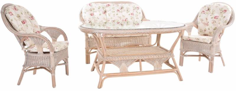 Krines Home Sitzgruppe Set/4 Rattan Wintergartenset Palm Wintergarten Garnitur Natur Set, (4-tlg., 2x Sessel, 1x Zweisitzer, 1x Tisch mit Ablage), Rattangruppe Rattanmöbel Rattanset geblümter Stoff 4-teilig von Krines Home