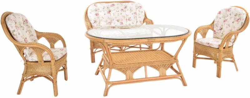 Krines Home Sitzgruppe Set/4 Rattan Wintergartenset Palm Wintergarten Garnitur Natur Set, (4-tlg., 2x Sessel, 1x Zweisitzer, 1x Tisch mit Ablage), Rattangruppe Rattanmöbel Rattanset geblümter Stoff 4-teilig von Krines Home