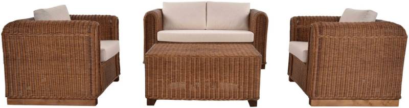 Krines Home Sitzgruppe Set/4 Rattanset Wintergarten Wohnzimmergruppe IO für 4 Personen, (4-tlg., 2x Sessel, 1x Zweisitzersofa, 1x Tisch), Rattan Garnitur Rattanmöbel von Krines Home