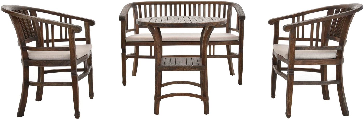 Krines Home Sitzgruppe Set/4 Wintergartenset Sitzgruppe Teak-Set Sessel Zweisitzer Tisch, (4-tlg., 2x Teaksessel, 1x Teakbank, 1x Teaktisch), Ablage unter der Tischplatte von Krines Home