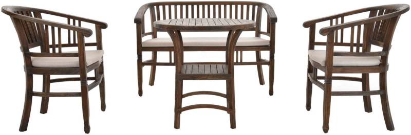 Krines Home Sitzgruppe Set/4 Wintergartenset Sitzgruppe Teak-Set Sessel Zweisitzer Tisch, (4-tlg., 2x Teaksessel, 1x Teakbank, 1x Teaktisch), Ablage unter der Tischplatte von Krines Home
