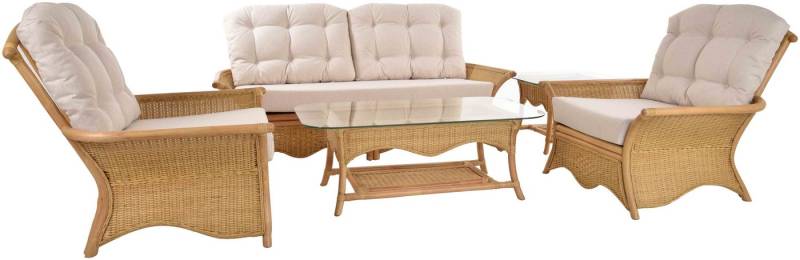 Krines Home Sitzgruppe Set/5 Sitzgruppe Sean Wohnzimmerset Rattan Rattanmöbel Set (Creme), (5-tlg., 1x Dreisitzersofa, 2x Rattansessel, Wohnzimmertisch, Ecktisch), Garnitur aus Rattan Naturmaterial für 5 Personen von Krines Home
