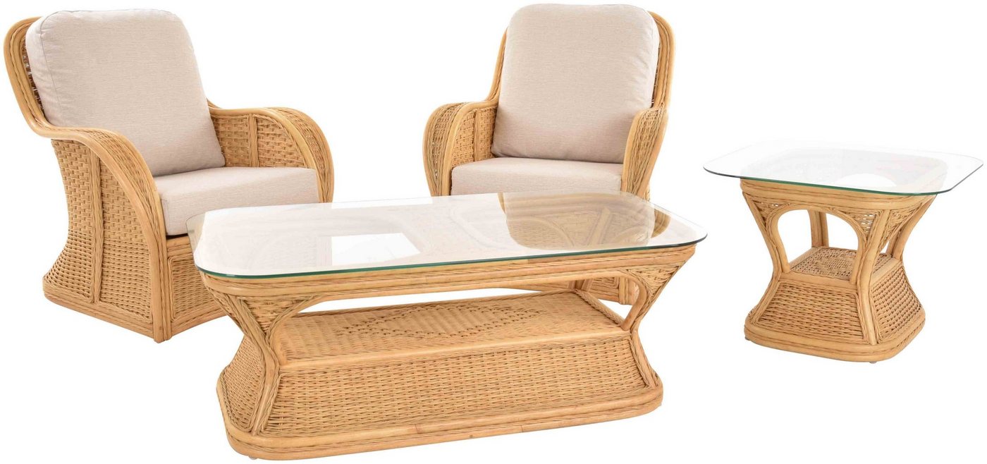 Krines Home Sitzgruppe Set Rattan Garnitur Wohnzimmersessel Carlo Armlehnsessel mit Tisch, (4-tlg., 2x Sessel, 1x Tisch, 1x Beistelltisch), aus Rattan Naturmaterial von Krines Home