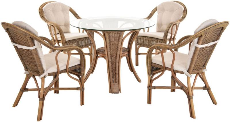 Krines Home Sitzgruppe Set Wintergarten Rattanset ULM Rattangruppe für 4 Personen Rattanmöbel, (5-tlg., 4x Sessel, 1x Tisch mit Glasplatte), Sitzgruppe hoher Tisch von Krines Home