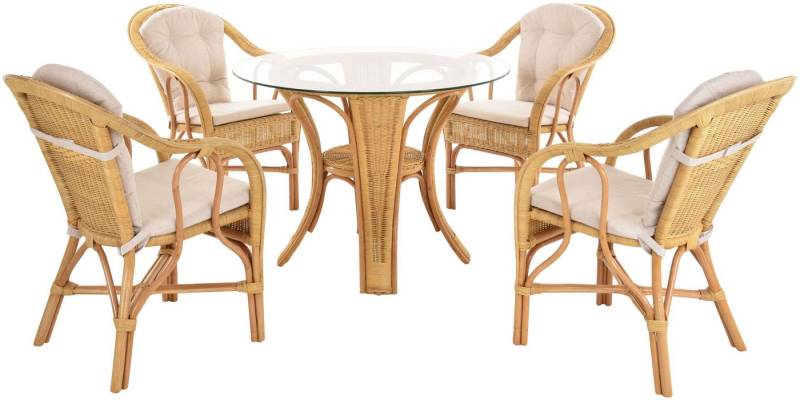 Krines Home Sitzgruppe Set Wintergarten Rattanset ULM Rattangruppe für 4 Personen Rattanmöbel, (5-tlg., 4x Sessel, 1x Tisch mit Glasplatte), Sitzgruppe hoher Tisch von Krines Home
