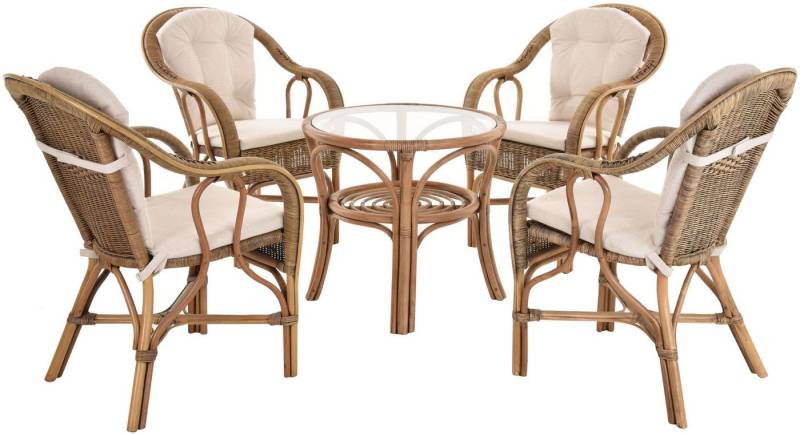 Krines Home Sitzgruppe Wintergarten Rattanset ULM Rattangruppe für 4 Personen Rattanmöbel, (5-tlg., 4x Sessel, 1x Tisch mit Glasplatte), Sitzgruppe niedriger Tisch von Krines Home