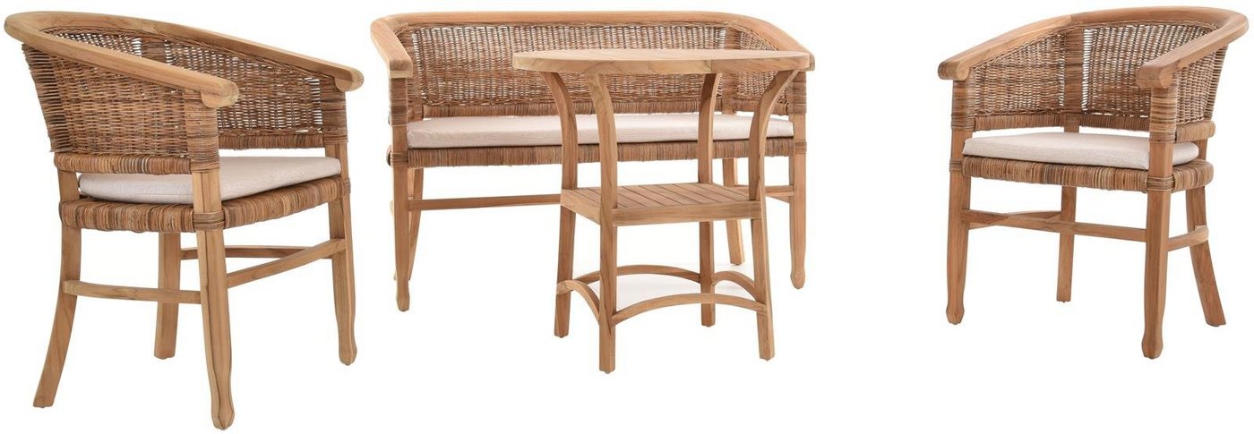 Krines Home Sitzgruppe Wintergartenset Sitzgruppe Garnitur Teak Teakgruppe (Teak-Naturrattan), 4 Personen 2 Teaksessel 1 Teak Zweisitzer Bank von Krines Home