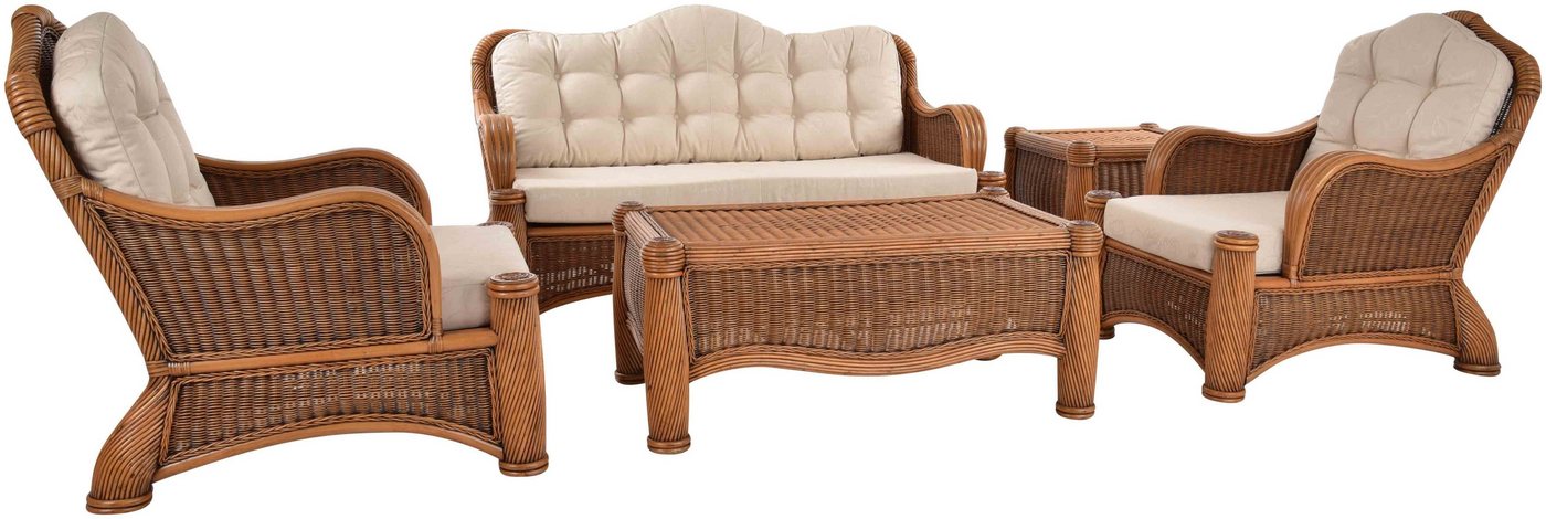 Krines Home Sitzgruppe Wohnzimmer Sitzgruppe Orient Rattan Garnitur Set Vintage Braun, (5-tlg., 2x Sessel, 1x Dreisitzersofa, 1x Tisch, 1x Ecktisch), Wintergarten-Set für 5 Personen von Krines Home