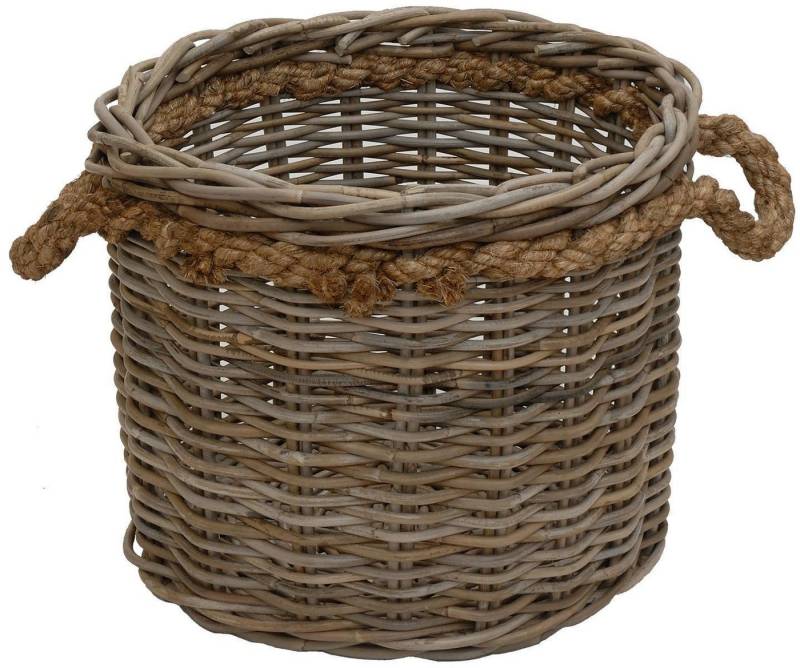 Krines Home Übertopf Großer Pflanzkorb Holzkorb rund Rattan Gartenkorb Grau Natur, mit Seilgriffen, geflochten Korb Übertopf Dekorationskorb von Krines Home
