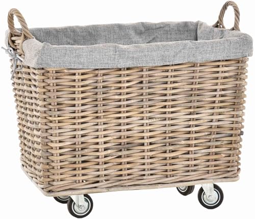 Stabiler Kaminholzkorb Flechtkorb mit Inlett Roll Holzkorb Rollkorb Natur-Rattan (Natur-Grau mit Rollen) von Krines Home