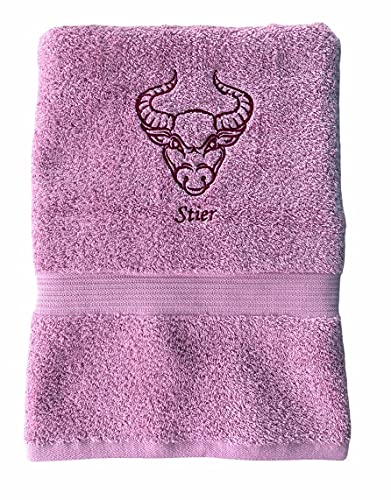 Krings Fashion Duschtuch mit Sternzeichen hochwertig Bestickt, 70 x 140cm 100% Baumwolle, Farbe Altrosa, Stickfarbe Bordeaux, Motivauswahl - jetzt anpassen von Krings Fashion