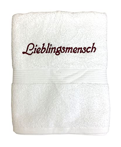 Krings Fashion Duschtuch 70 x 140 cm - Lieblingsmensch - Hochwertig Bestickt - 100% Baumwolle - Einzigartiges Design - Farbe Weiß - Stickfarbe rot von Krings Fashion