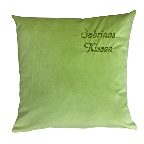 Krings Fashion Kissen, Sofakissen - Samtvelours - mit Namen nach Wunsch individuell anpassbar - Hochwertig Bestickt - 50 x 50 cm - Grün von Krings Fashion