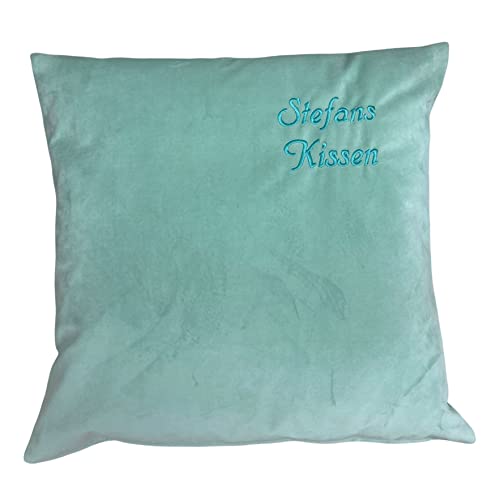 Krings Fashion Kissen, Sofakissen - Samtvelours - mit Namen nach Wunsch individuell anpassbar - Hochwertig Bestickt - 50 x 50 cm - Mint von Krings Fashion