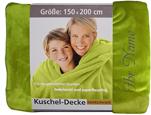 Krings Fashion Wohn- und Kuscheldecke 150 x 200 cm - Individuell anpassbar mit Namen und Text - extra weiche hochwertige Decke - Tagesdecke-Farbe Grün-Stickfarbe wählbar von Krings Fashion