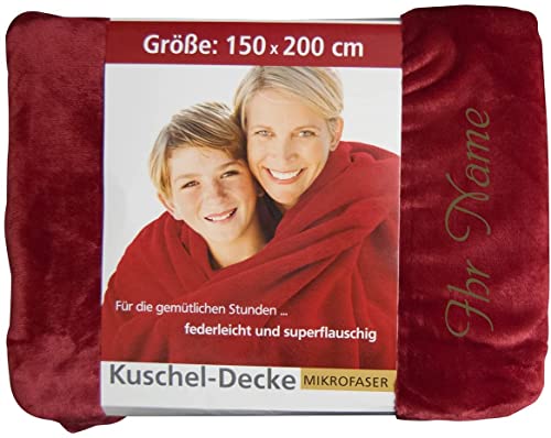 Krings Fashion Wohn- und Kuscheldecke 150 x 200 cm - Individuell anpassbar mit Namen und Text - extra weiche hochwertige Decke - Tagesdecke-Farbe Rot-Stickfarbe wählbar von Krings Fashion